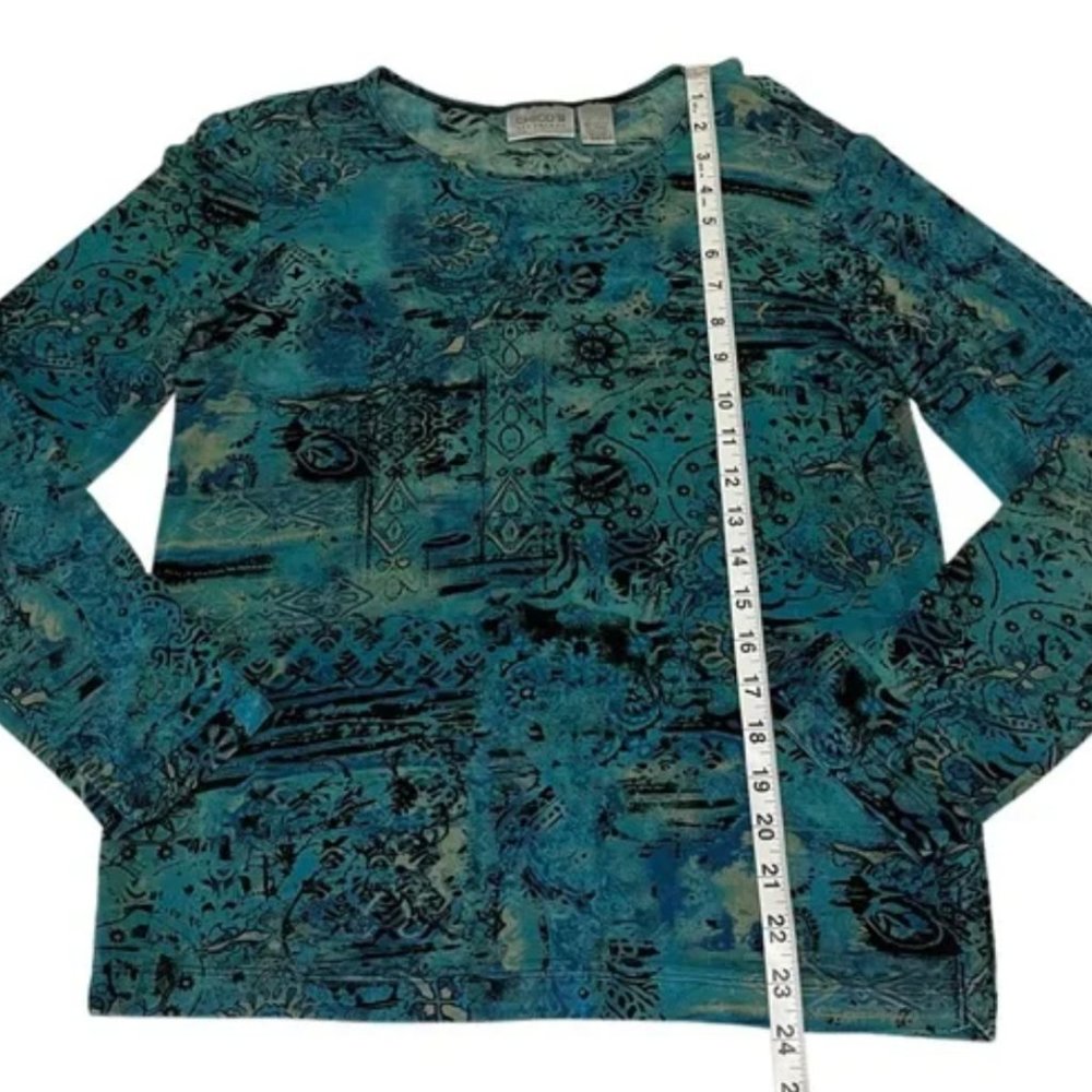 Chico's Travelers Pullover Turquoise Print Silky Stretchy Top Size M - Picture 5 of 10